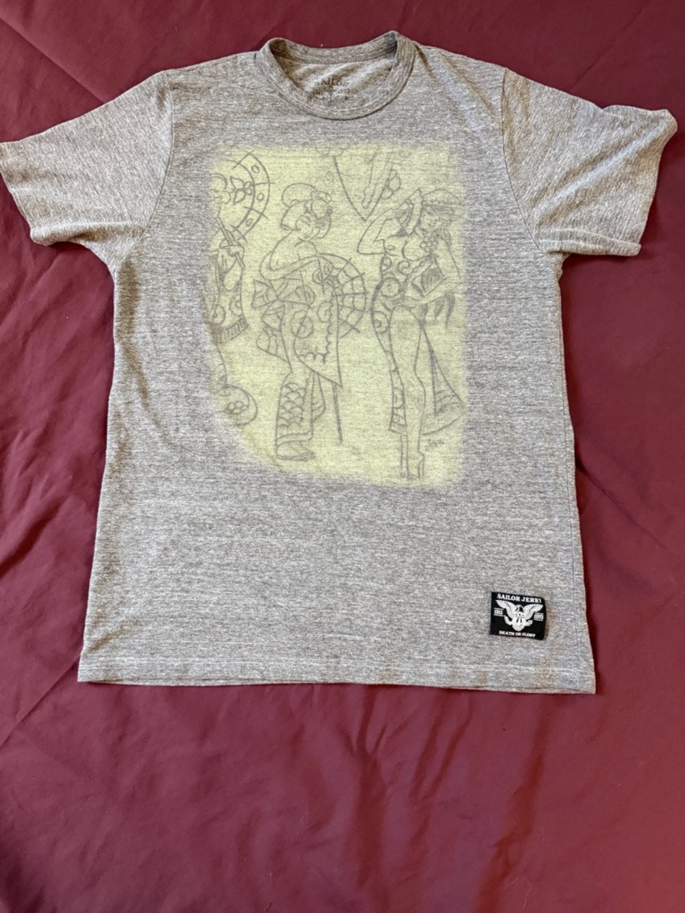 Sailor Jerry Heather Gray Crewneck Tee with Acetate Geisha Pin Up Graphic